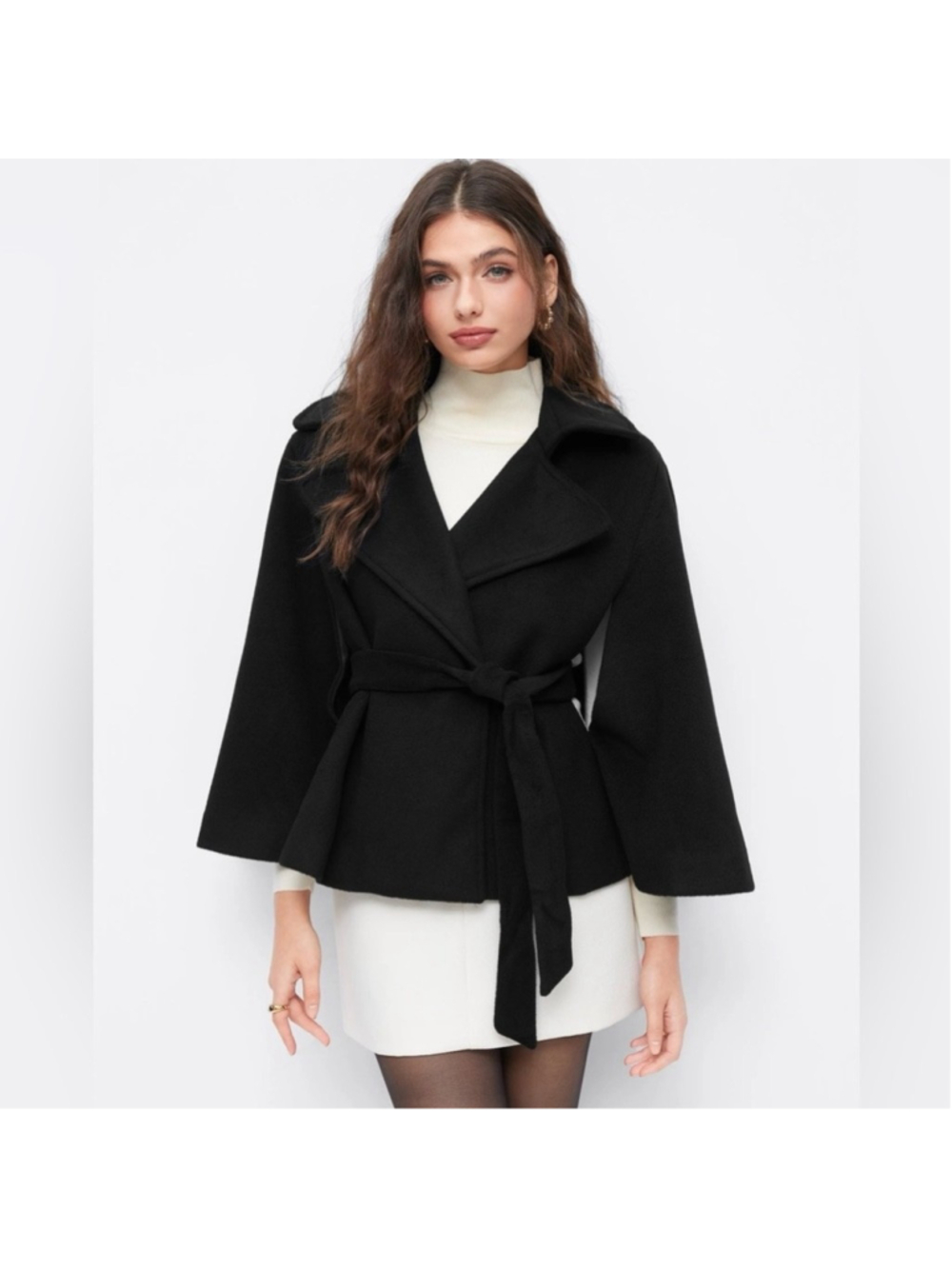 Cider WOOL-LOOK COLLAR BUTTON CLOAK SLEEVE COAT WITH BELT XS CC5-1